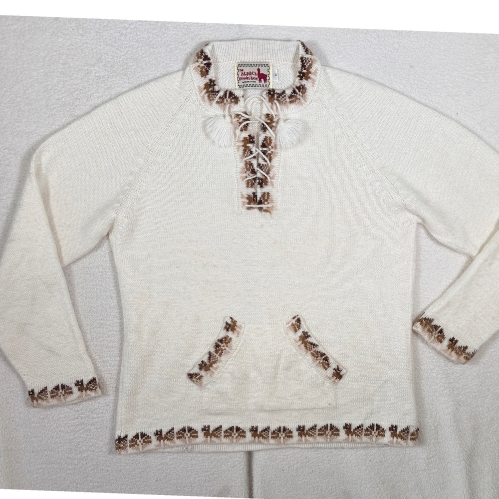 The Alpaca Connection Sweater Handmade Peru Wool Llama‎ Pom Pom Lace Up Cream M